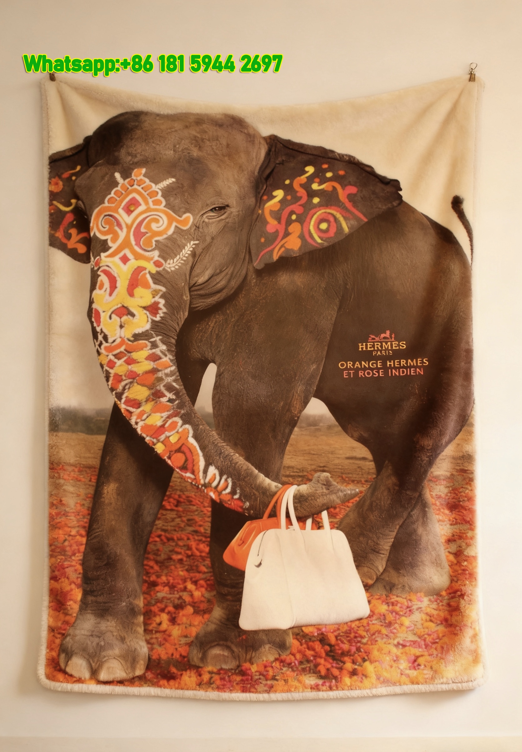 Hermès Orange & Indian Rose Elephant Print Flannel Throw Blanket IMG_5149